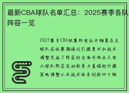 最新CBA球队名单汇总：2025赛季各队阵容一览