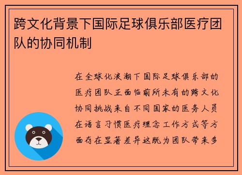 跨文化背景下国际足球俱乐部医疗团队的协同机制