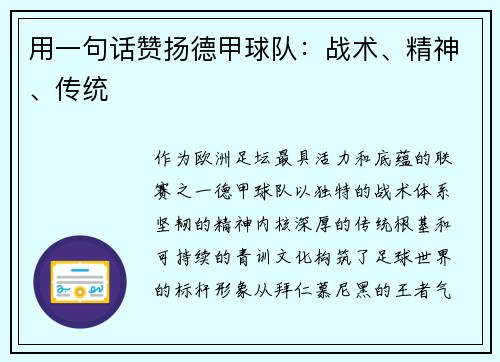 用一句话赞扬德甲球队：战术、精神、传统
